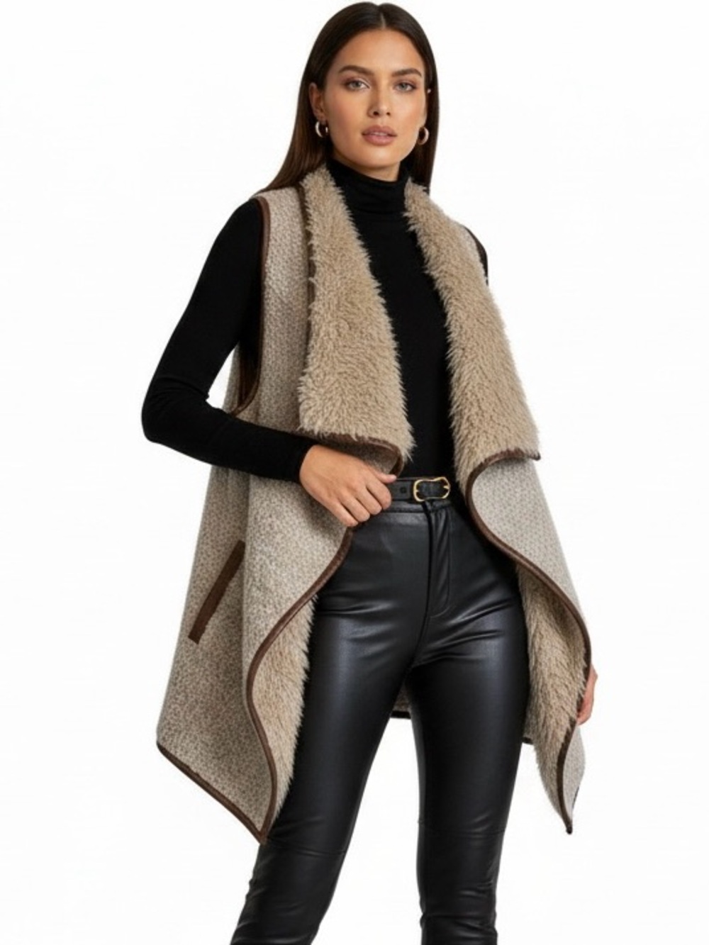Love Tree Taupe Faux-Shearling Draped Vest